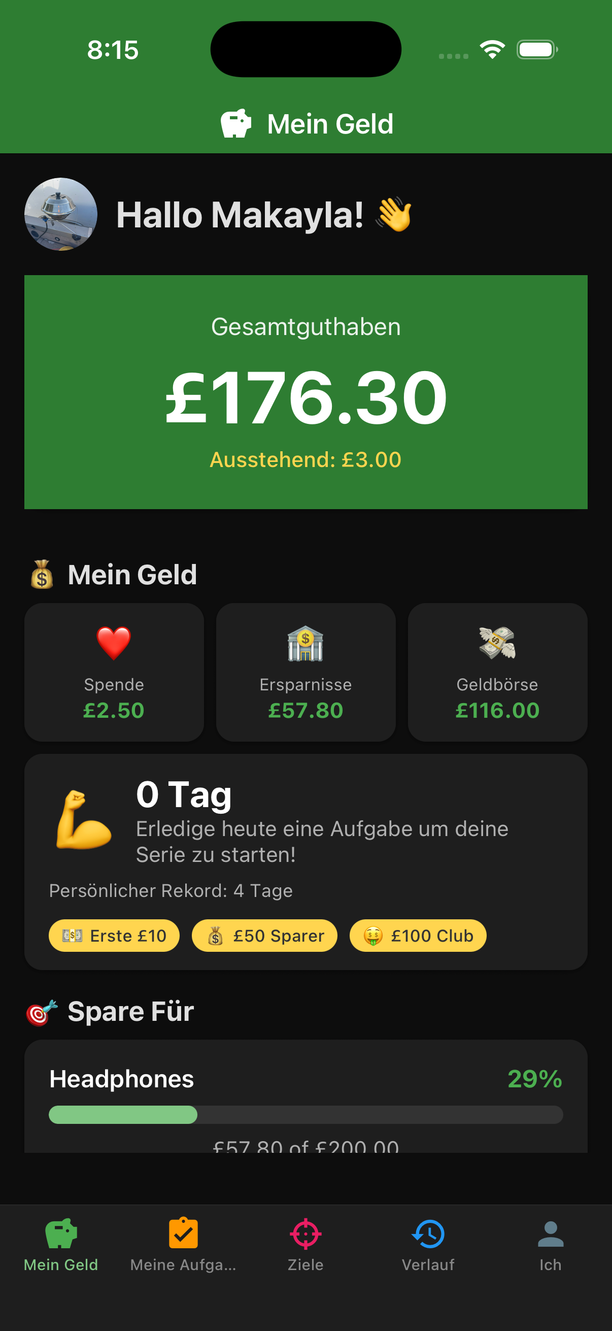 EarnIt Kinder-Dashboard mit Einnahmen und Sparfortschritt