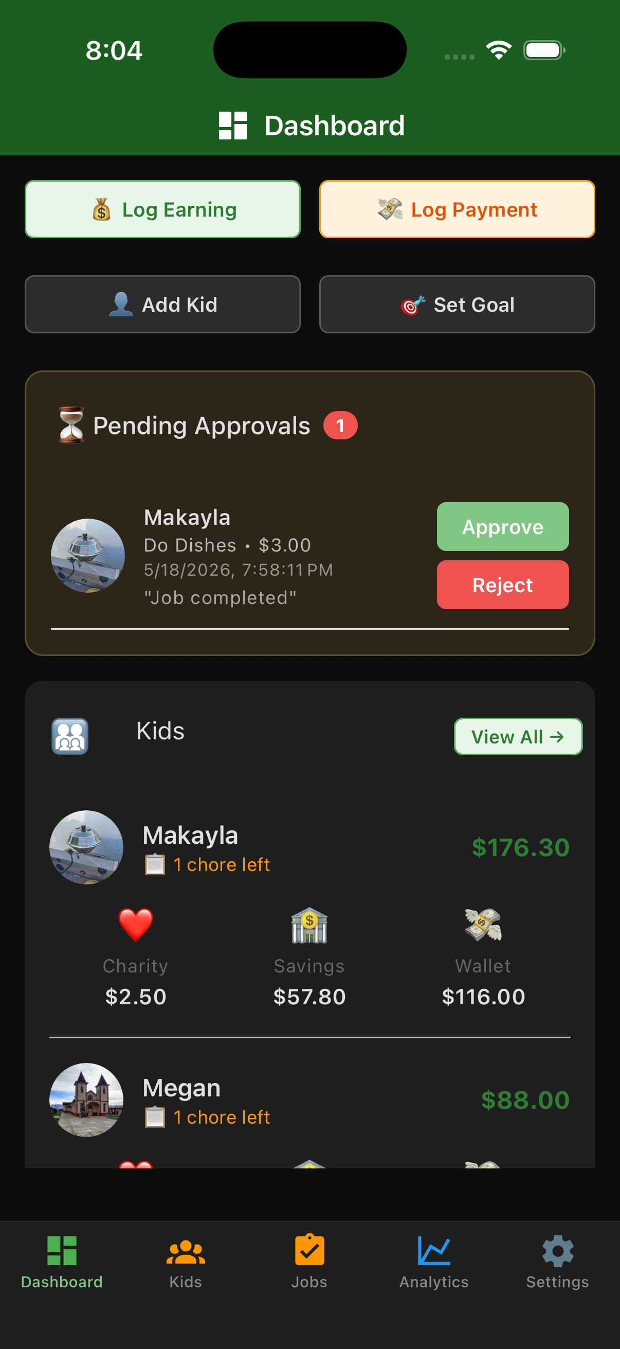 EarnIt parent dashboard showing kid profiles and balance overview