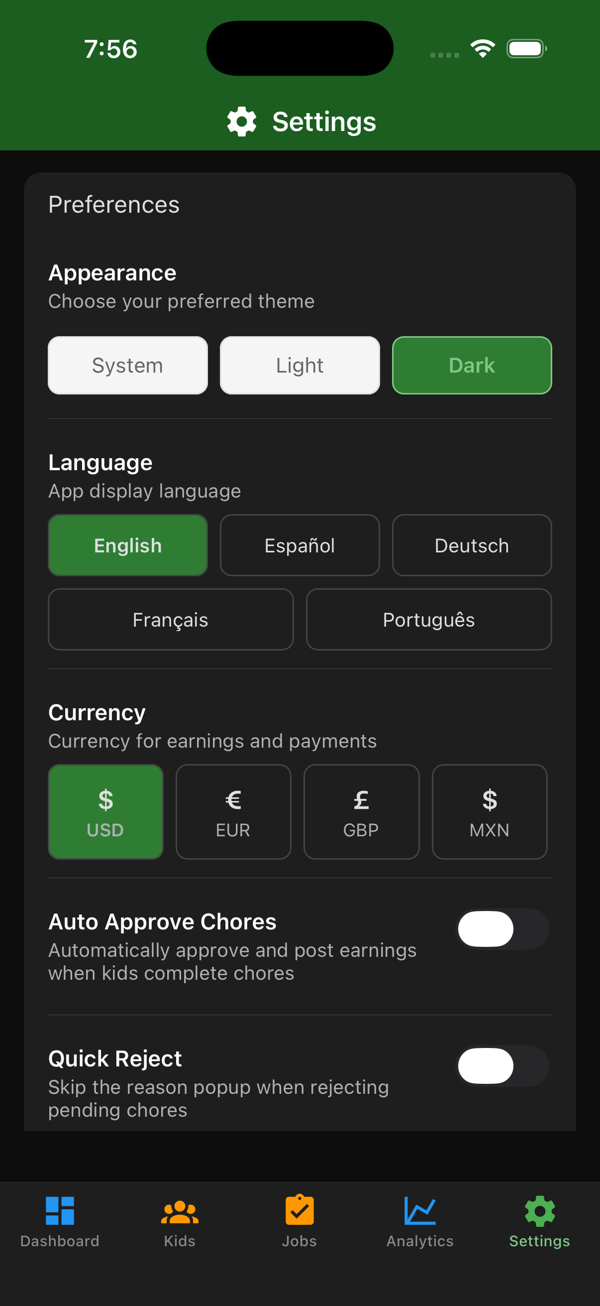 EarnIt parent settings for managing family and account