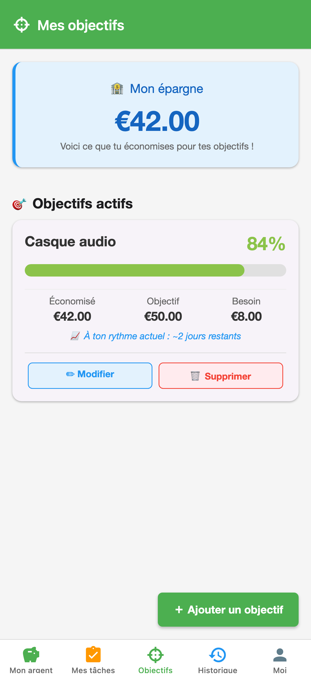 Écran des objectifs d'épargne de l'enfant EarnIt avec suivi de progression
