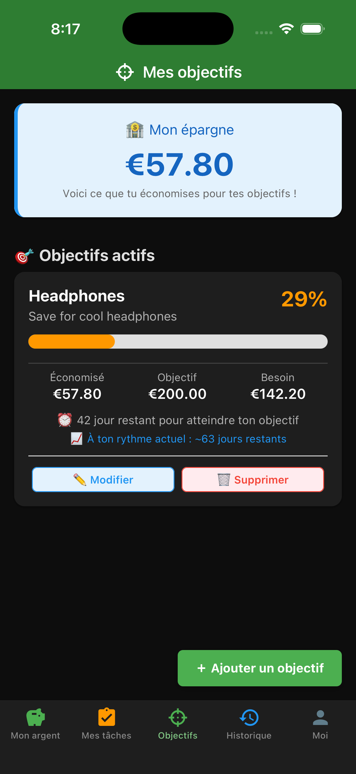 Écran des objectifs d'épargne de l'enfant EarnIt avec suivi de progression