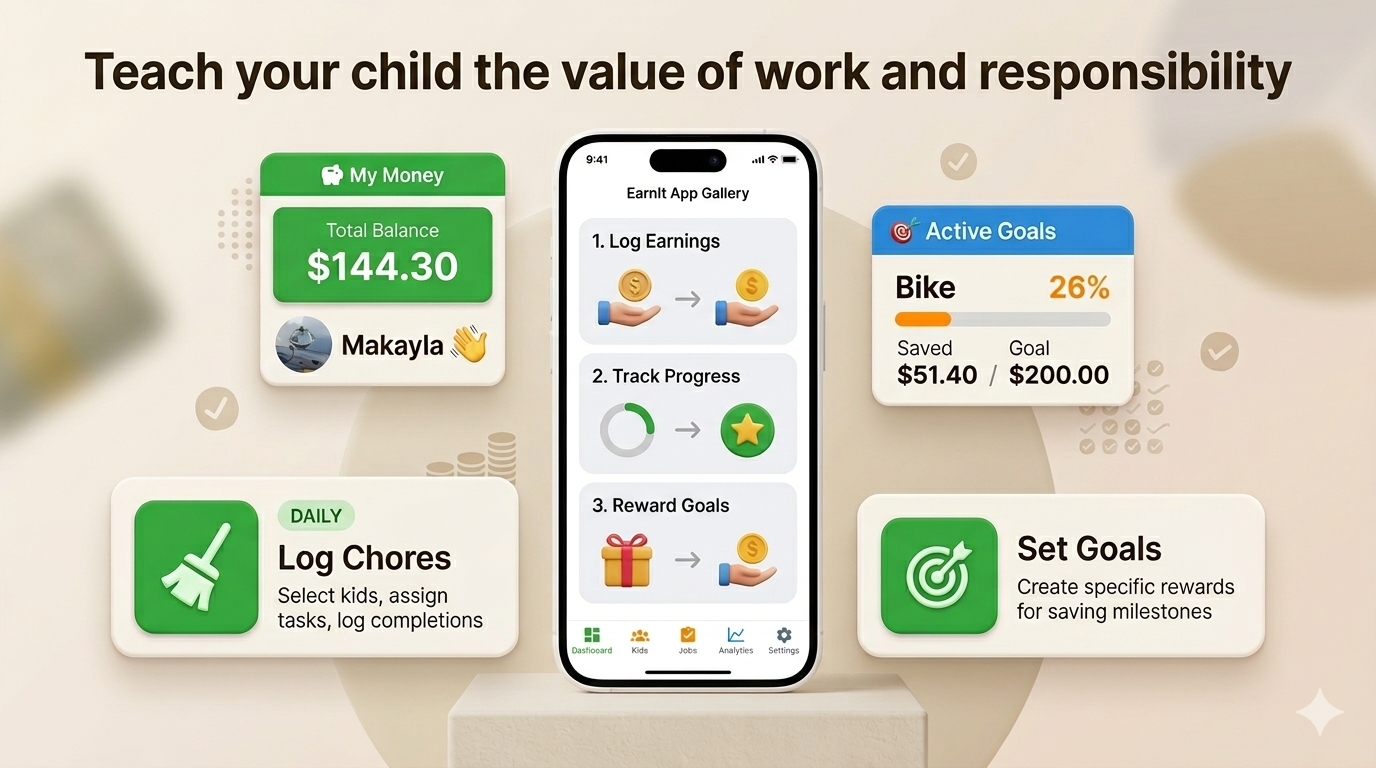 EarnIt - App de Tâches et d'Argent de Poche pour Enfants présentant des fonctionnalités comme l'enregistrement des gains, le suivi des progrès et les objectifs de récompense