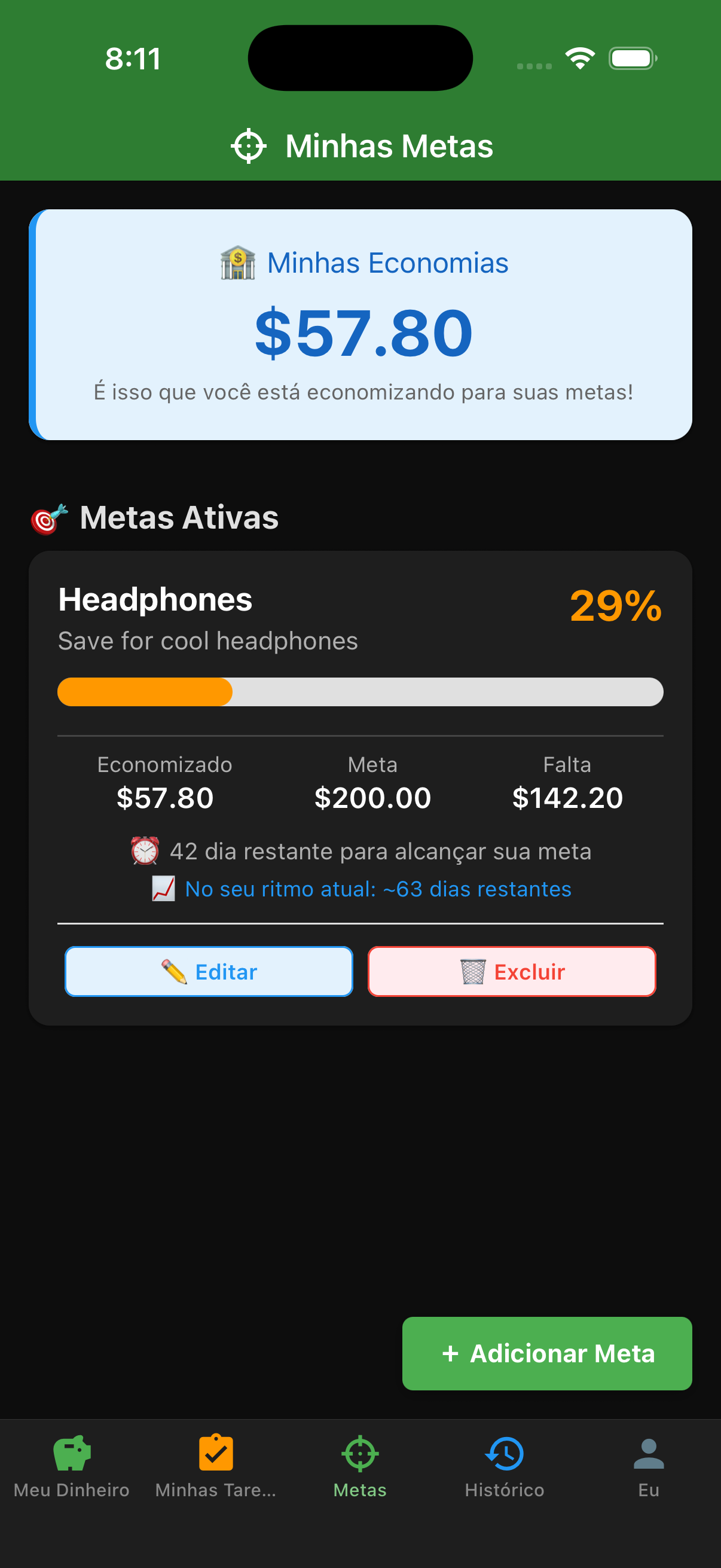 Tela de metas de poupança da criança do EarnIt com rastreamento de progresso
